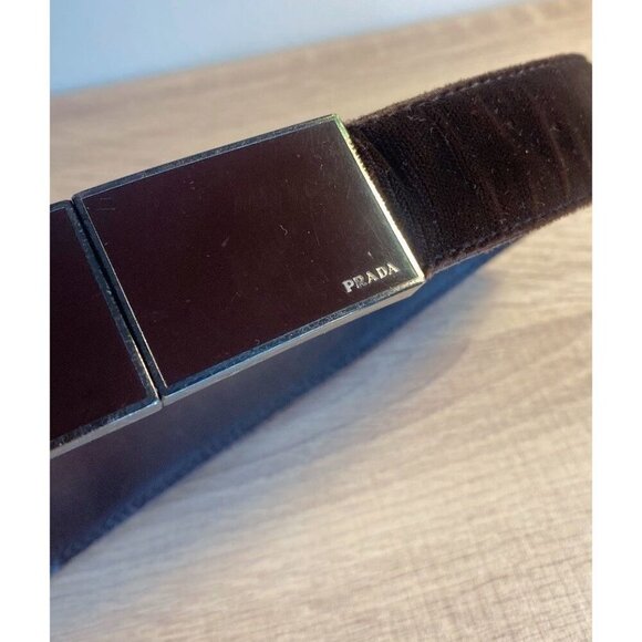 Prada Womens Brown Velvet/Leather Skinny Logo Belt, Size 28/70 brown S-6 - Picture 1 of 16